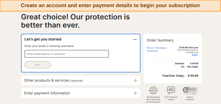 Screenshot showing Norton's sign up and payment page after choosing a price plan