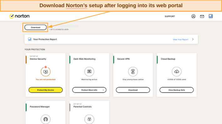 Screenshot showing how to download Norton's setup from its web portal