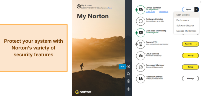 Screenshot showing Norton's main menu after installation