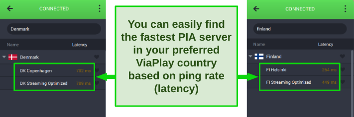 Screenshot of PIA's Windows app displaying latency on selected server locations