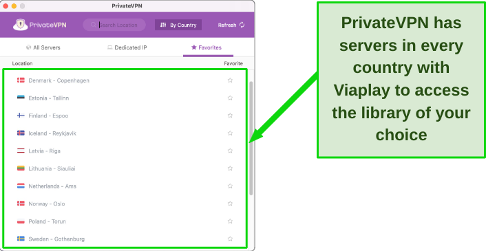 Screenshot showing PrivateVPN's servers in Viaplay countries