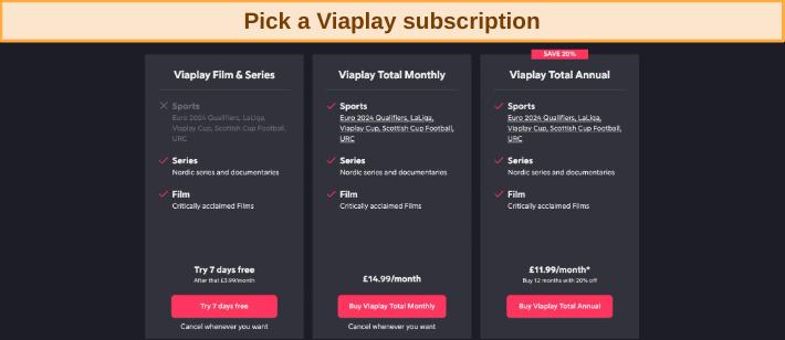 Screenshot of Viaplay subscription options