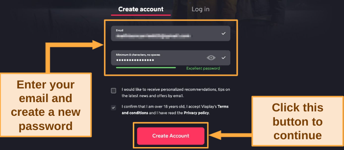 Screenshot of Viaplay create account page