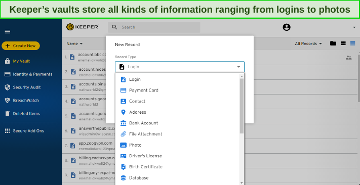 Screenshot showing the types of information Keeper can store