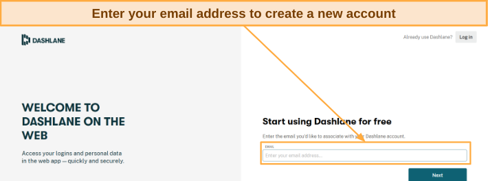 Screenshot showing the sign-up process for Dashlane