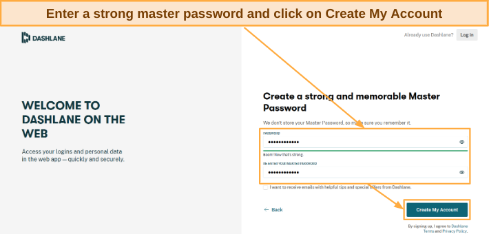 Screenshot showing master password creation for a new Dashlane account