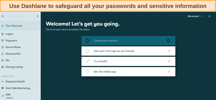 Screenshot showing Dashlane's welcome screen after creating an account