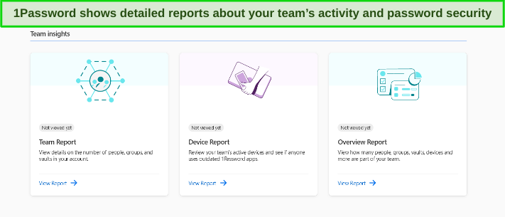 Screenshot of the various reports available in 1Password's admin dashboard
