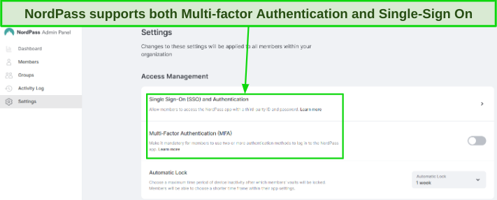 Screenshot of NordPass's MFA and SSO settings