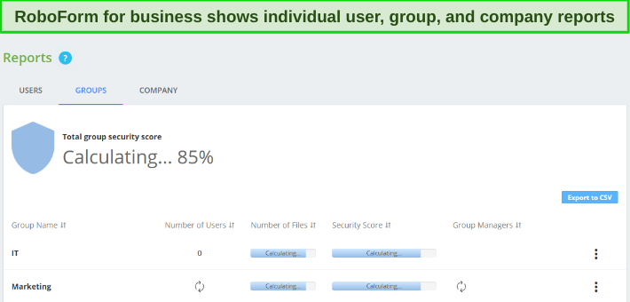 Screenshot of Roboform generating reports for different groups within a company