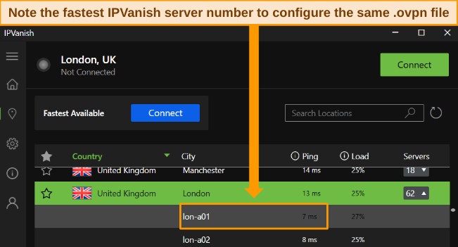 IPVanish's Windows app showing the server name and ping in ms.