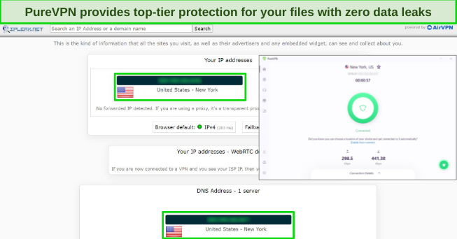 PureVPN connected to a US server with the results of a leak test showing zero data leaks.