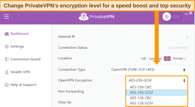 PrivateVPN's Windows app dashboard showing the OpenVPN encryption customization options.