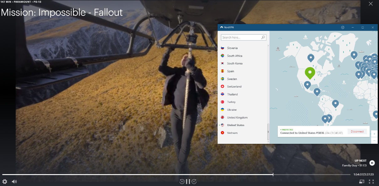 ภาพการสตรีม Mission Impossible บน Hulu ขณะเชื่อมต่อกับเซิร์ฟเวอร์ NordVPN US