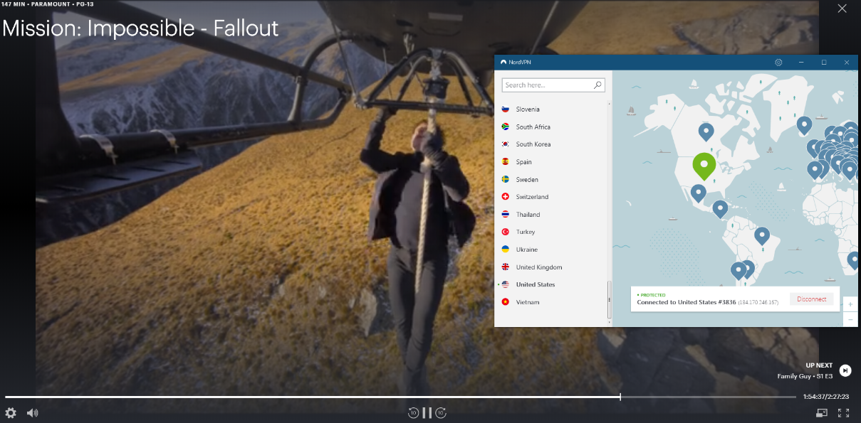 Immagine di Mission Impossible in streaming su Hulu mentre è connesso al server NordVPN USA.