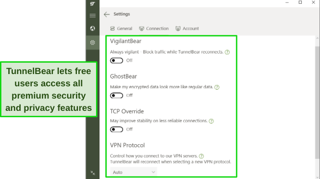 Screenshot of TunnelBear's security settings.