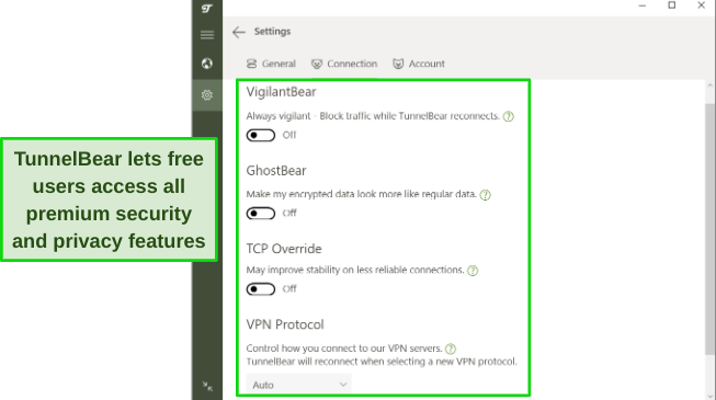 Screenshot of TunnelBear's security features available to free users