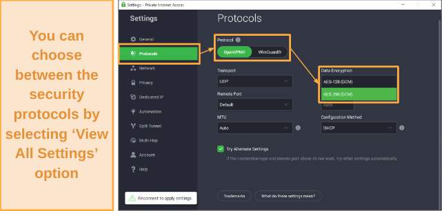 Screenshot of PIA's settings to change protocols and encryption
