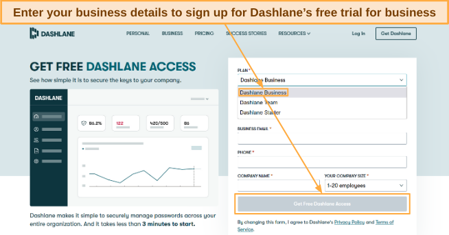 Screenshot showing how to sign up for Dashlane's free trial for businesses