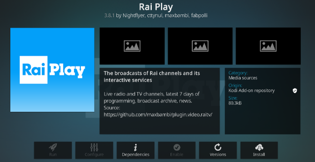 Image du module complémentaire Rai Play Kodi