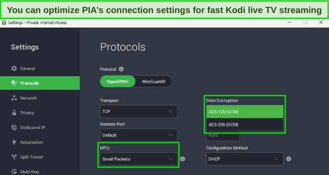 PIA's Windows app, showing the protocols settings and highlighting data encryption and MTU items.