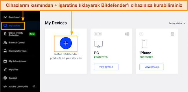 Cihazlarım bölümü altında Bitdefender'ın merkezi oturum açma panosuna nasıl cihaz ekleneceğini gösteren ekran görüntüsü