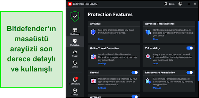 Bitdefender'ın Windows uygulaması kullanıcı arayüzünün ekran görüntüsü