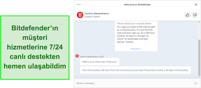 Bir sorguyu yanıtlayan Bitdefender'ın 7/24 canlı sohbet temsilcisinin ekran görüntüsü