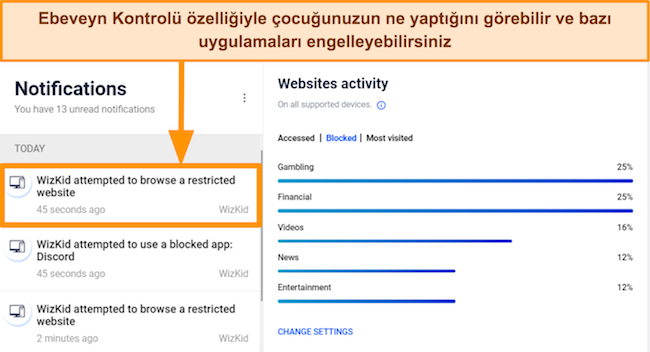 Başka bir cihazın etkinliğini izleyen ve belirli uygulamaları ve siteleri devre dışı bırakan Bitdefender'ın ekran görüntüsü