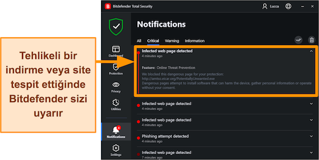 Bitdefender'ın birden fazla bulaşmayı gösteren bildirim ekranının ekran görüntüsü