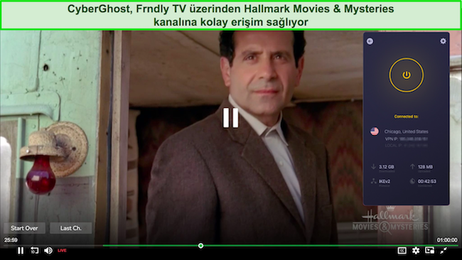 Hallmark Movies &'de oynayan Monk'un ekran g&ouml;r&uuml;nt&uuml;s&uuml; CyberGhost Chicago, ABD'deki bir sunucuya bağlıyken Frndly TV'deki Gizemler