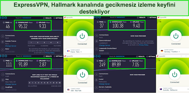 Fransa, ABD, Almanya ve Avustralya'daki sunucularda ExpressVPN hız testlerinin ekran g&ouml;r&uuml;nt&uuml;s&uuml;