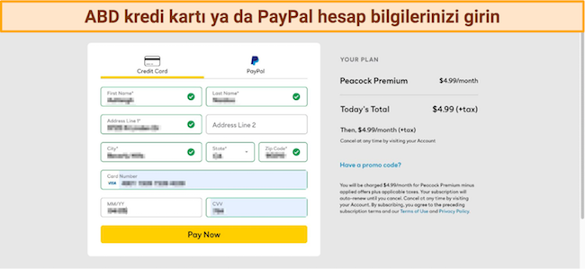 Peacock faturalandırma ayrıntılarının ekran görüntüsü