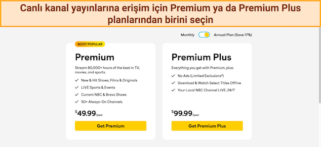 Peacock Premium ve Premium Plus yıllık planlarının ekran görüntüsü