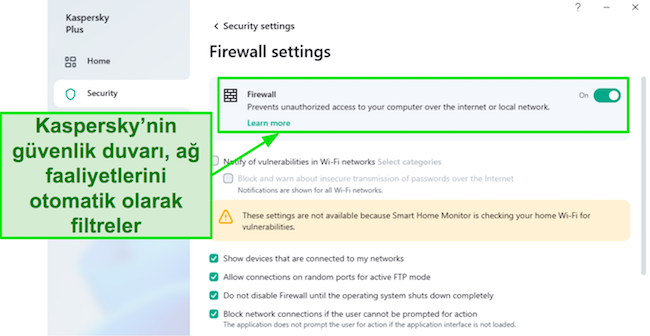 Kaspersky'nin güvenlik duvarı ayarları sayfasının ekran görüntüsü