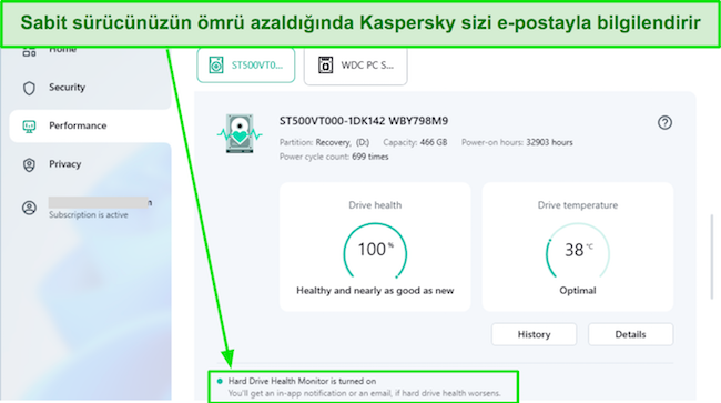 Kaspersky'nin Sabit Disk Sağlık Denetleyicisi arayüzünün ekran görüntüsü