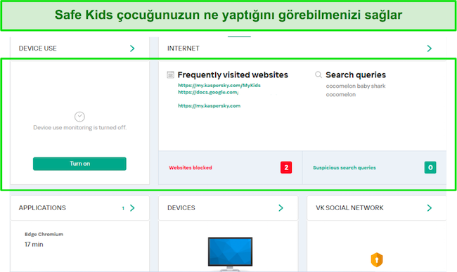 Kaspersky'nin Safe Kids ebeveyn denetimleri panosunun ekran görüntüsü