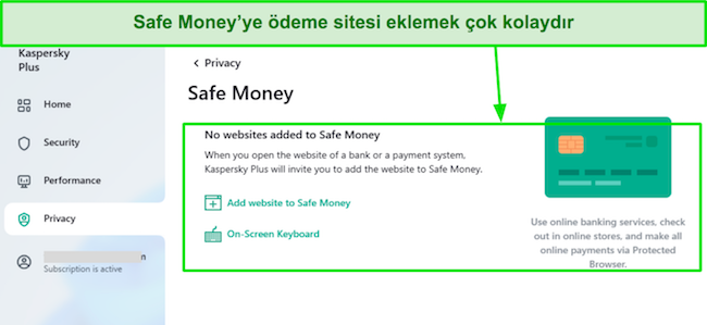 Kaspersky'nin Güvenli Para arayüzünün ekran görüntüsü