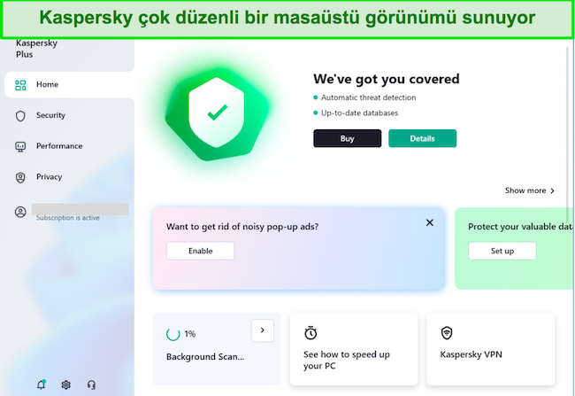 Kaspersky'nin ana kontrol panelinin ekran görüntüsü