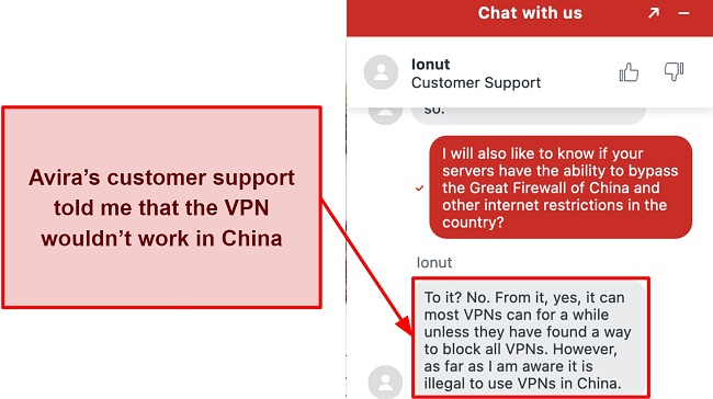 Screenshot of my interaction with Avira Phantom support confirming it's inoperable in China