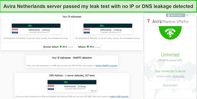 Screenshot of my IP/DNS leak test showing an IP address in Netherlands while using Avira Phantom VPN