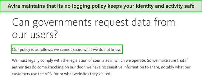 Screenshot of FAQ on governments requesting information on Avira Phantom VPN users