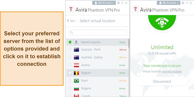 Screenshot of Avira Phantom's server and connection interface