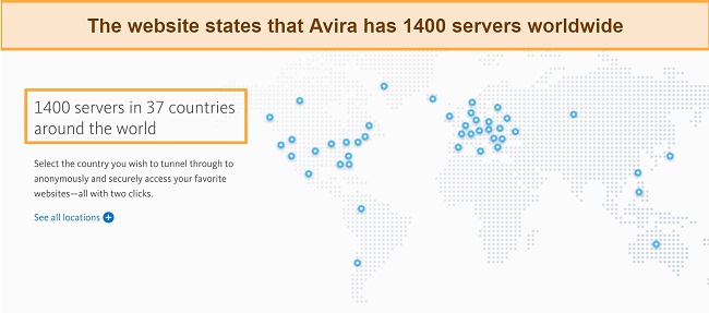 Screenshot of Avira website claim of 1400 servers worldwide