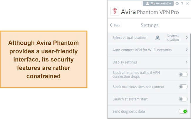 Screenshot of Avira Phantom's settings interface