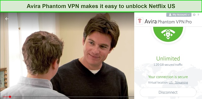 Screenshot of Arrested Development playing on Netflix while Avira Phantom VPN is connected to a server in Dallas, US