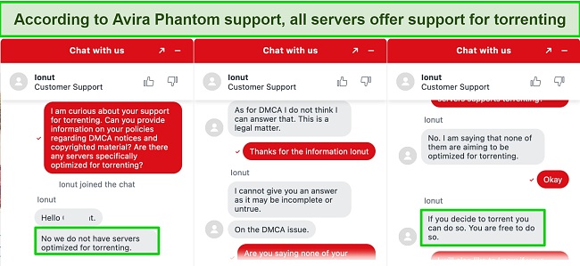 Screenshot of my interaction with Avira Phantom support confirming it support torrenting