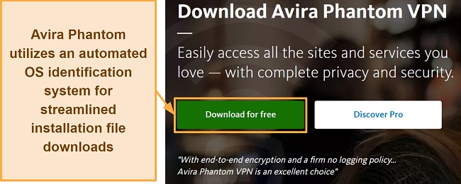 Screenshot of Avira Phantom's windows application download page