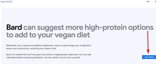 Captura de pantalla de Google Bard para unirse a la lista de espera