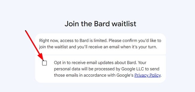Στιγμιότυπο οθόνης συμμετοχής στο Google Bard